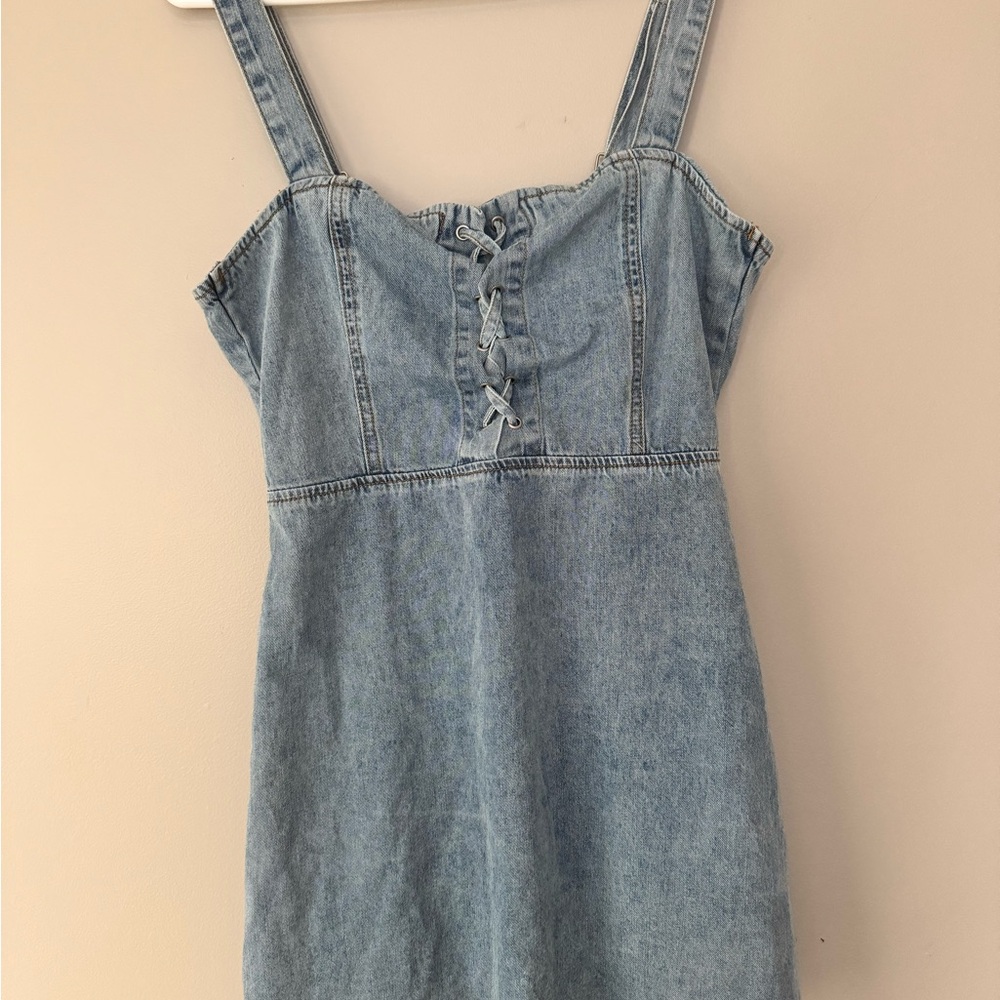 Denim Mini Dress with Lace-Up Front - Size Medium
